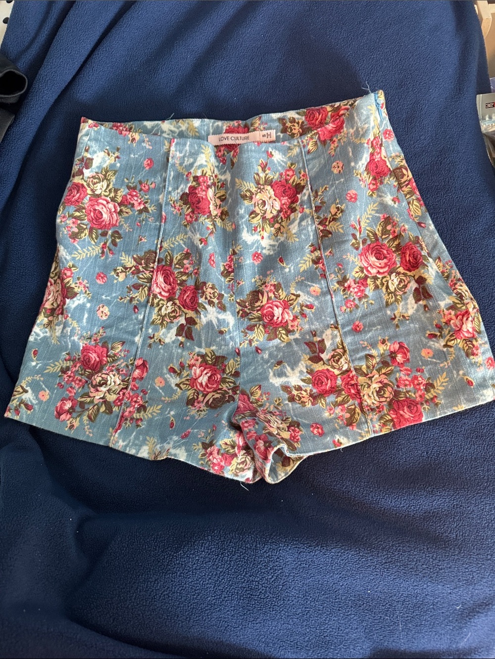 Love Culture Blue Floral Juniors Shorts with  Red and Pink Roses